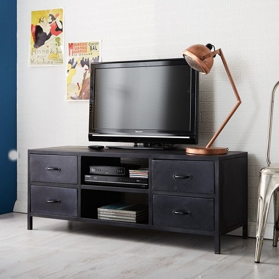 Read more about Kristel modern tv stand in dark iron with 4 drawers