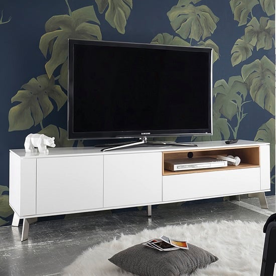 Photo of Kristy tv stand in matt white with brushed steel legs