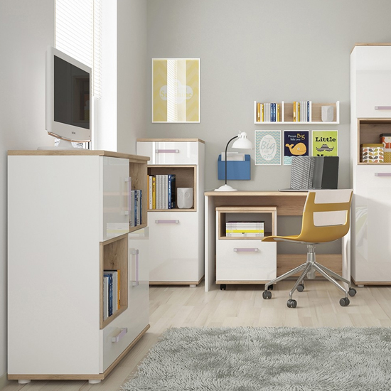 Kroft Wooden Office Pedestal Cabinet In White High Gloss And Oak_4