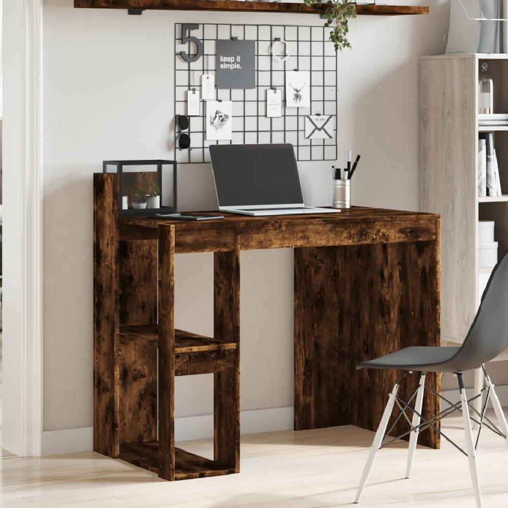 Product photograph of Krum Wooden Laptop Desk With 2 Shelves In Smoked Oak from Furniture in Fashion