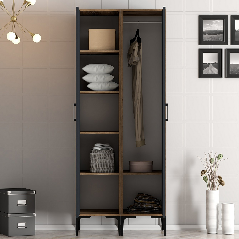 Kumsal Mirrored Wardrobe with 2 Doors in Anthracite and Walnut