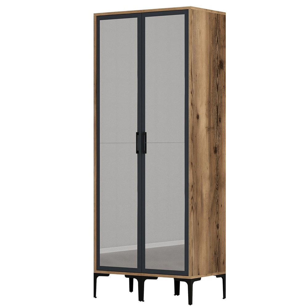 Kumsal Mirrored Wardrobe with 2 Doors in Anthracite and Walnut