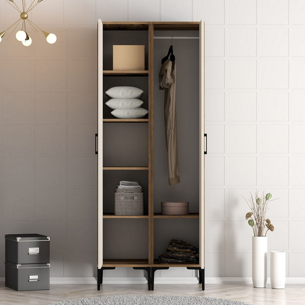 Kumsal Mirrored Wardrobe with 2 Doors in Cream and Walnut