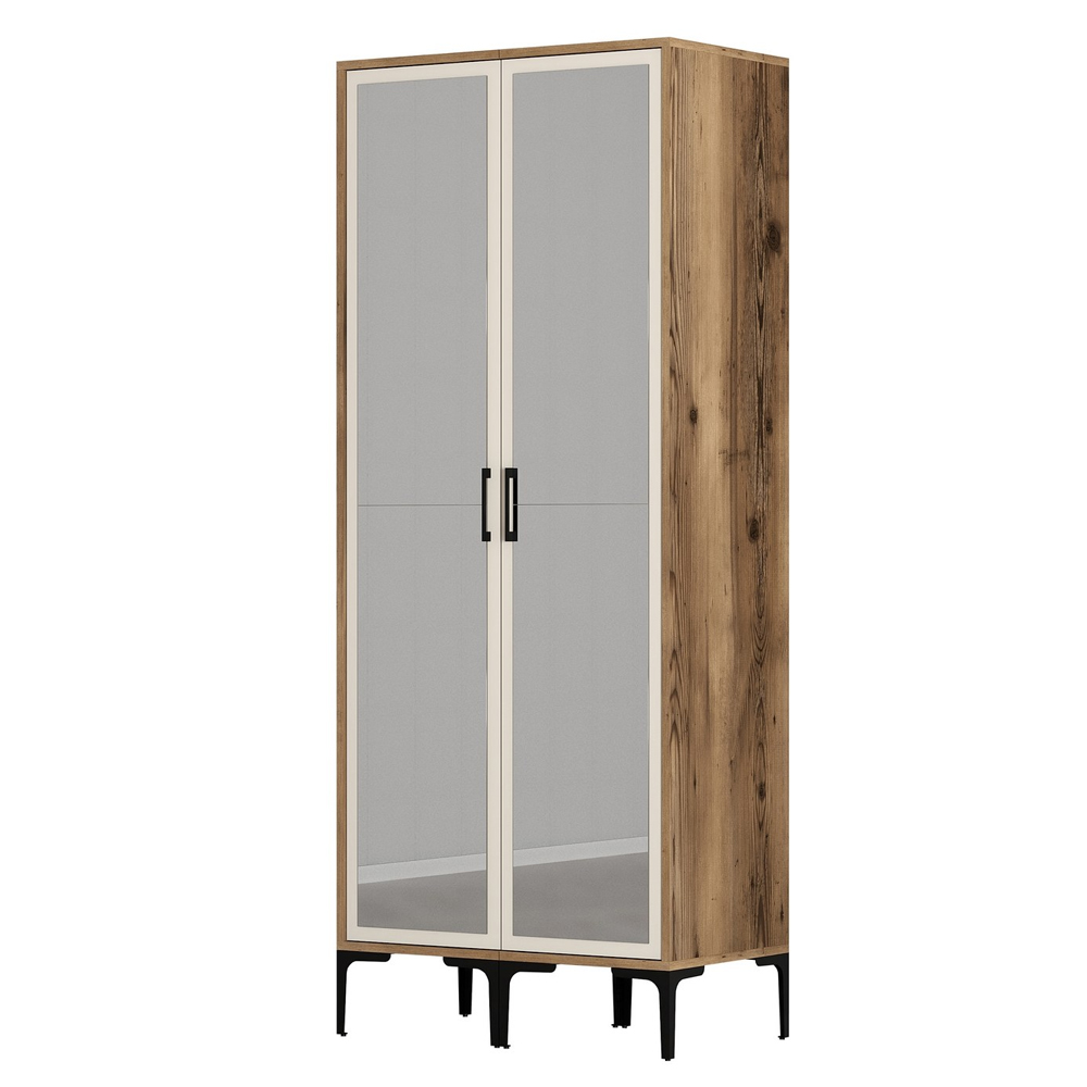 Kumsal Mirrored Wardrobe with 2 Doors in Cream and Walnut