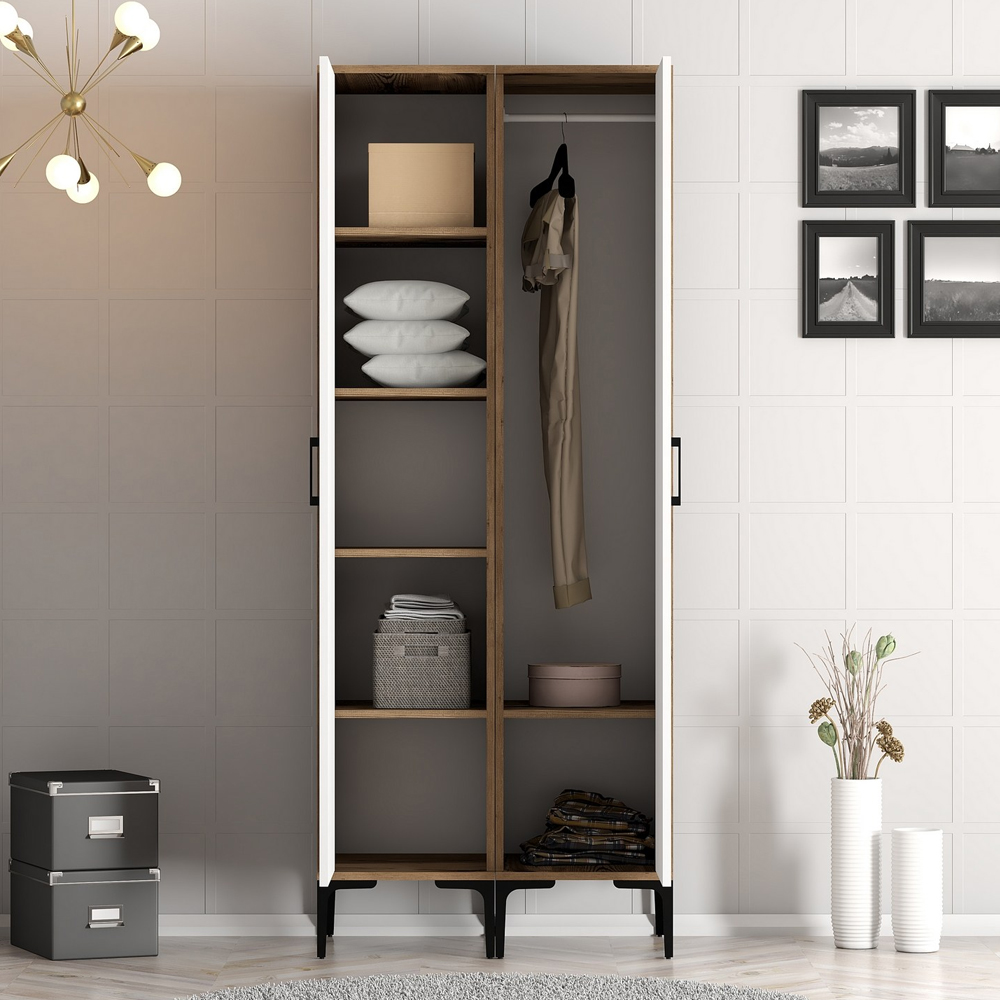 Kumsal Mirrored Wardrobe with 2 Doors in White and Walnut