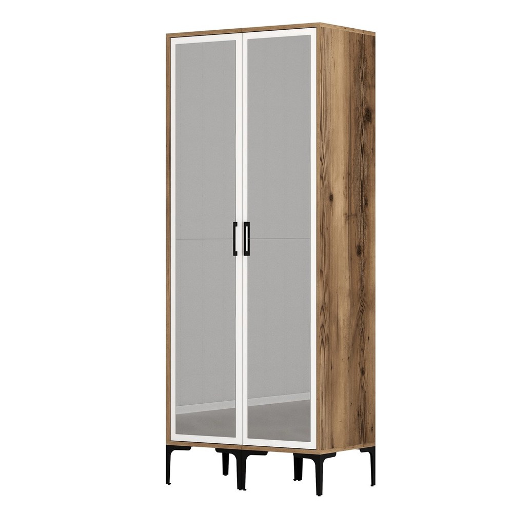 Kumsal Mirrored Wardrobe with 2 Doors in White and Walnut