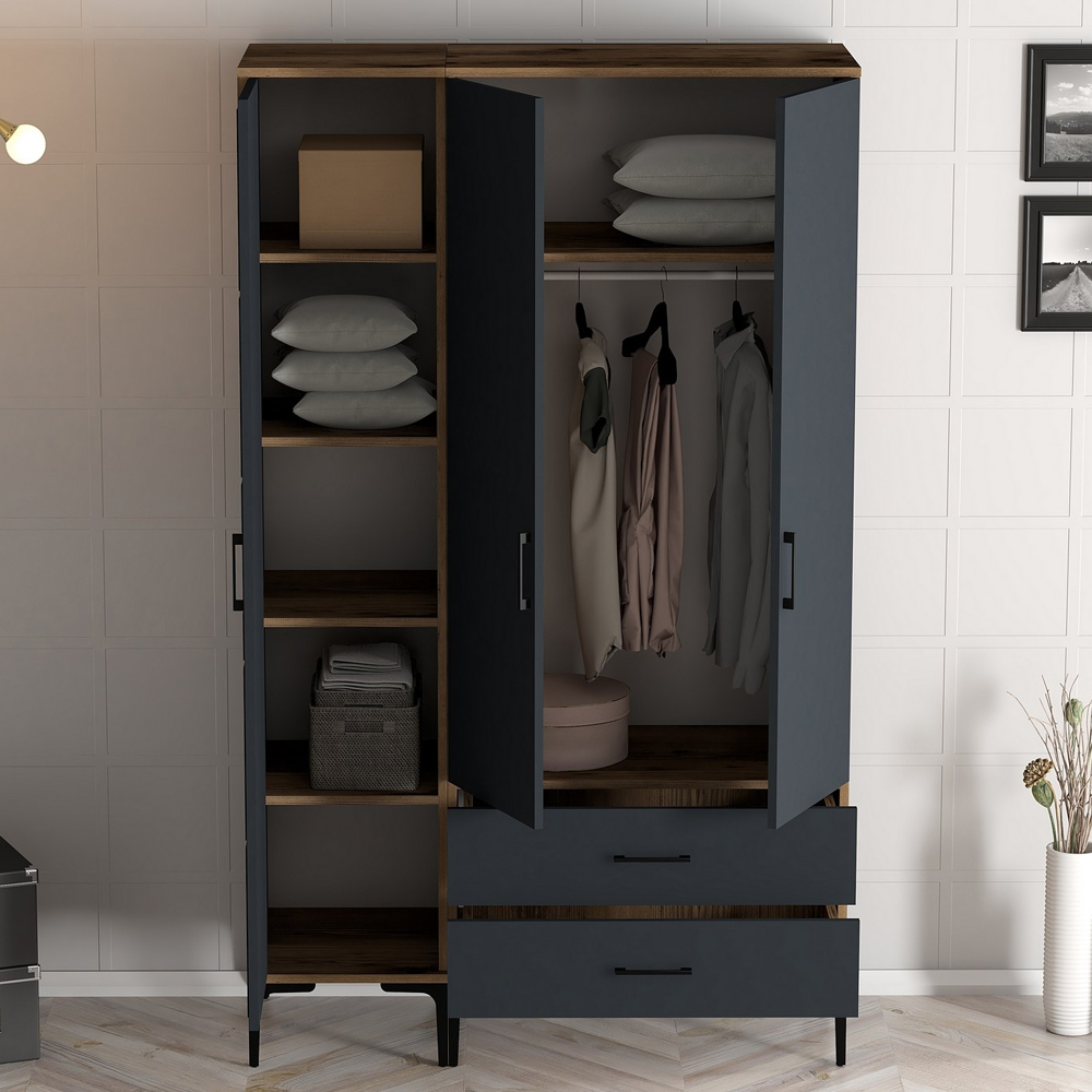 Kumsal Wooden Mirror Wardrobe with 3 Doors in Anthracite and Walnut