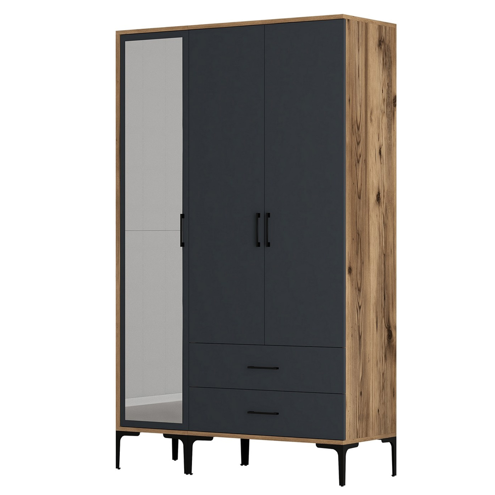 Kumsal Wooden Mirror Wardrobe with 3 Doors in Anthracite and Walnut