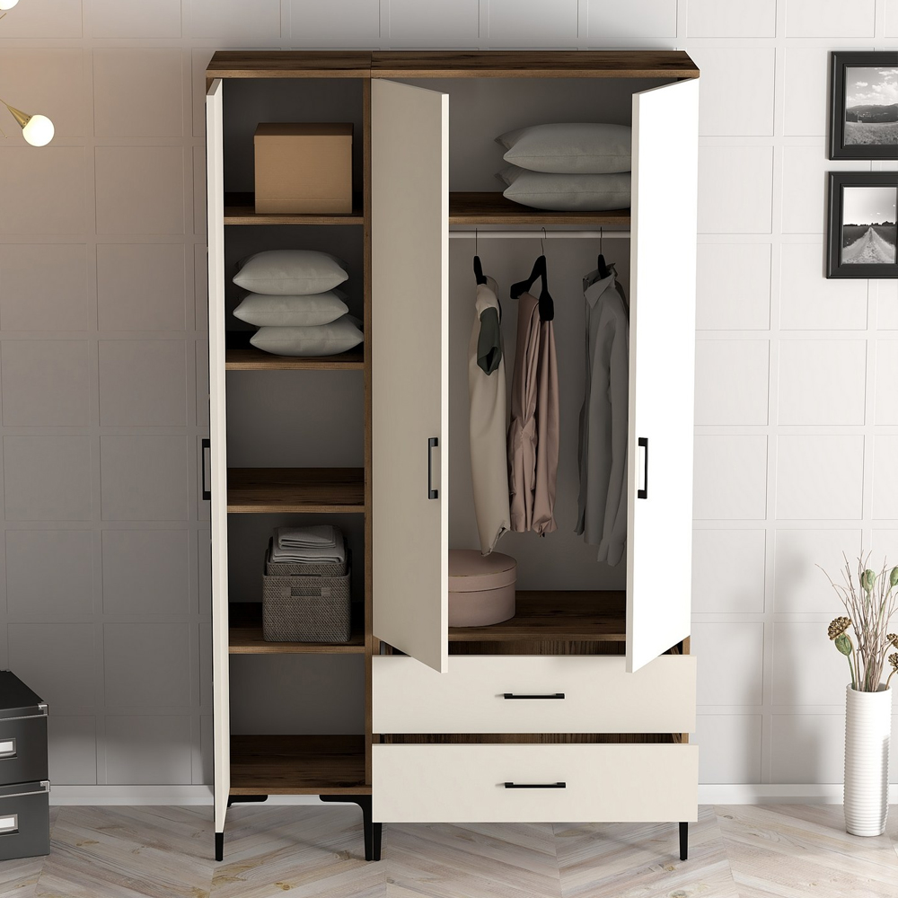 Kumsal Wooden Mirror Wardrobe with 3 Doors in Cream and Walnut