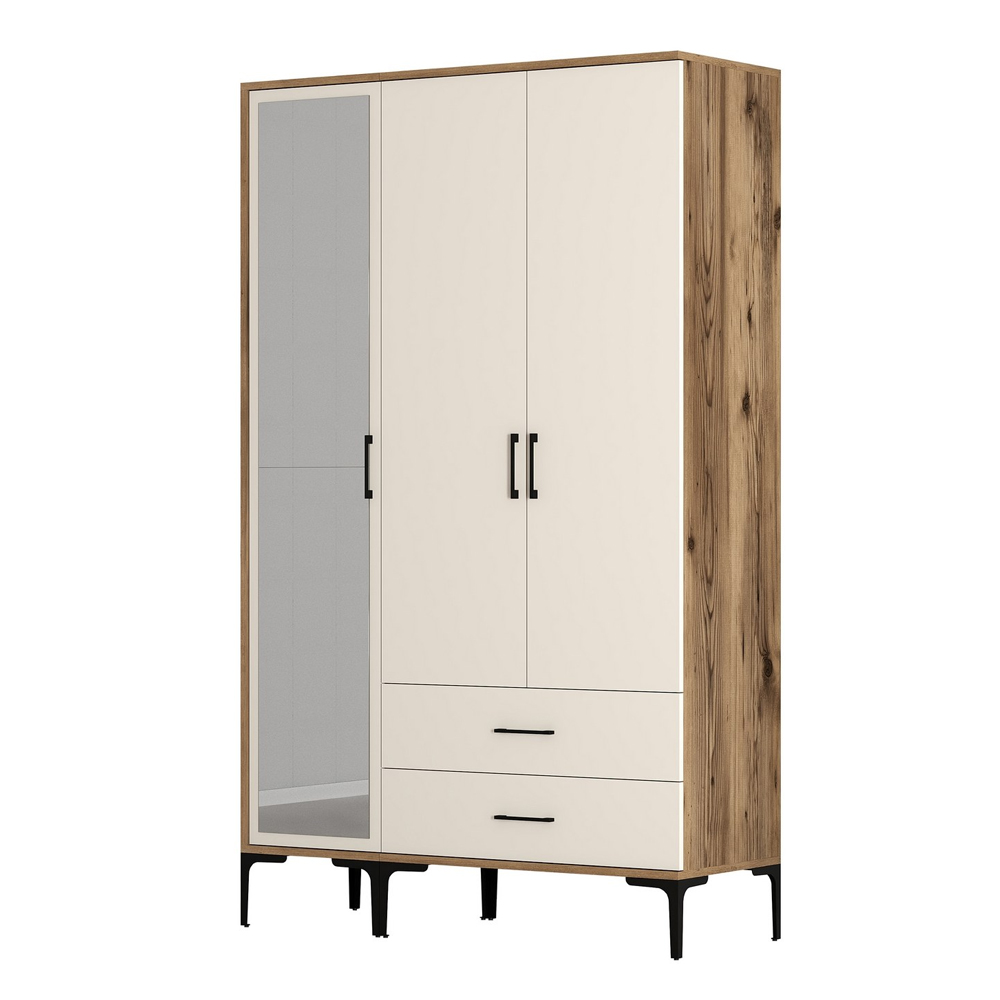 Kumsal Wooden Mirror Wardrobe with 3 Doors in Cream and Walnut
