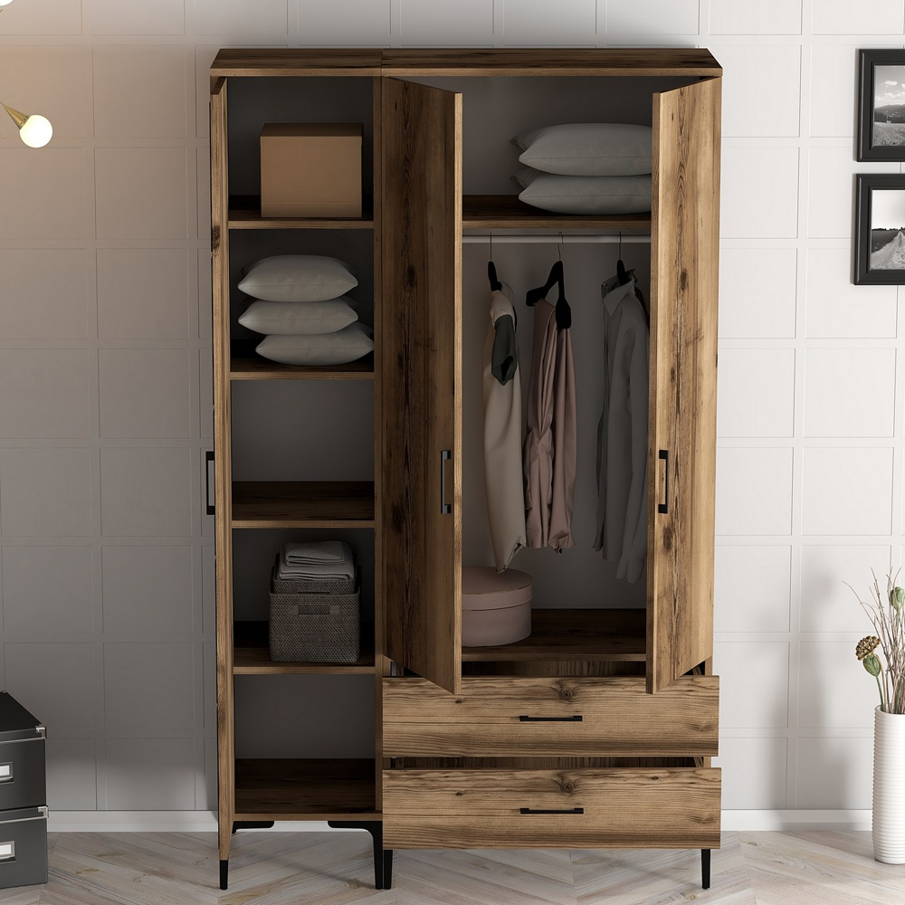 Kumsal Wooden Mirror Wardrobe with 3 Doors in Walnut