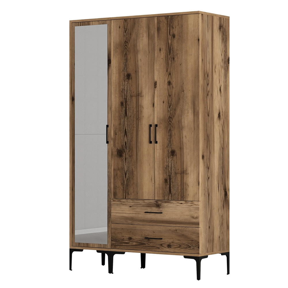 Kumsal Wooden Mirror Wardrobe with 3 Doors in Walnut