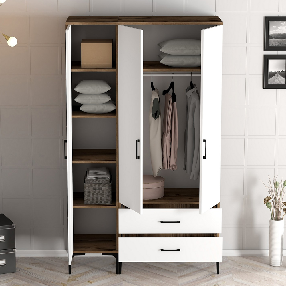 Kumsal Wooden Mirror Wardrobe with 3 Doors in White and Walnut
