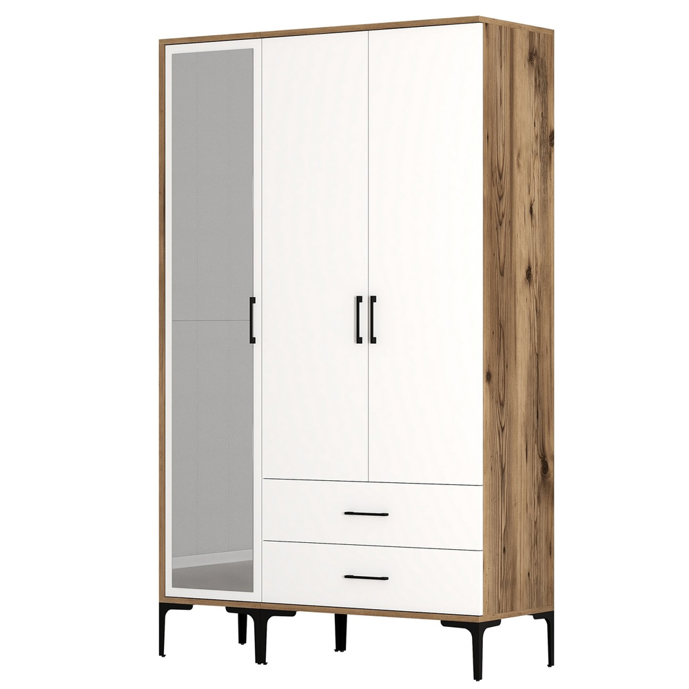 Kumsal Wooden Mirror Wardrobe with 3 Doors in White and Walnut