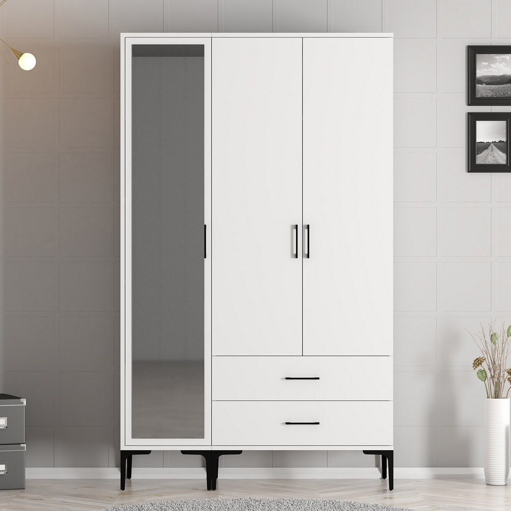 Kumsal Wooden Mirror Wardrobe with 3 Doors in White