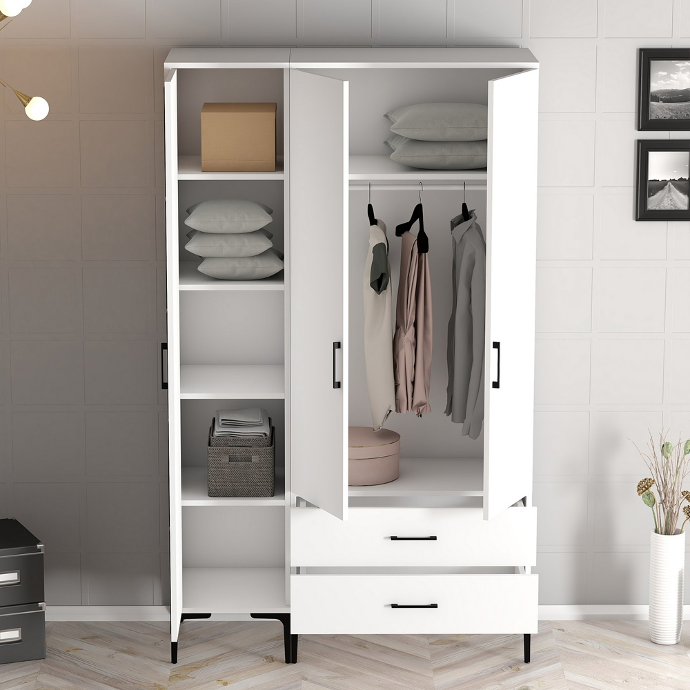 Kumsal Wooden Mirror Wardrobe with 3 Doors in White