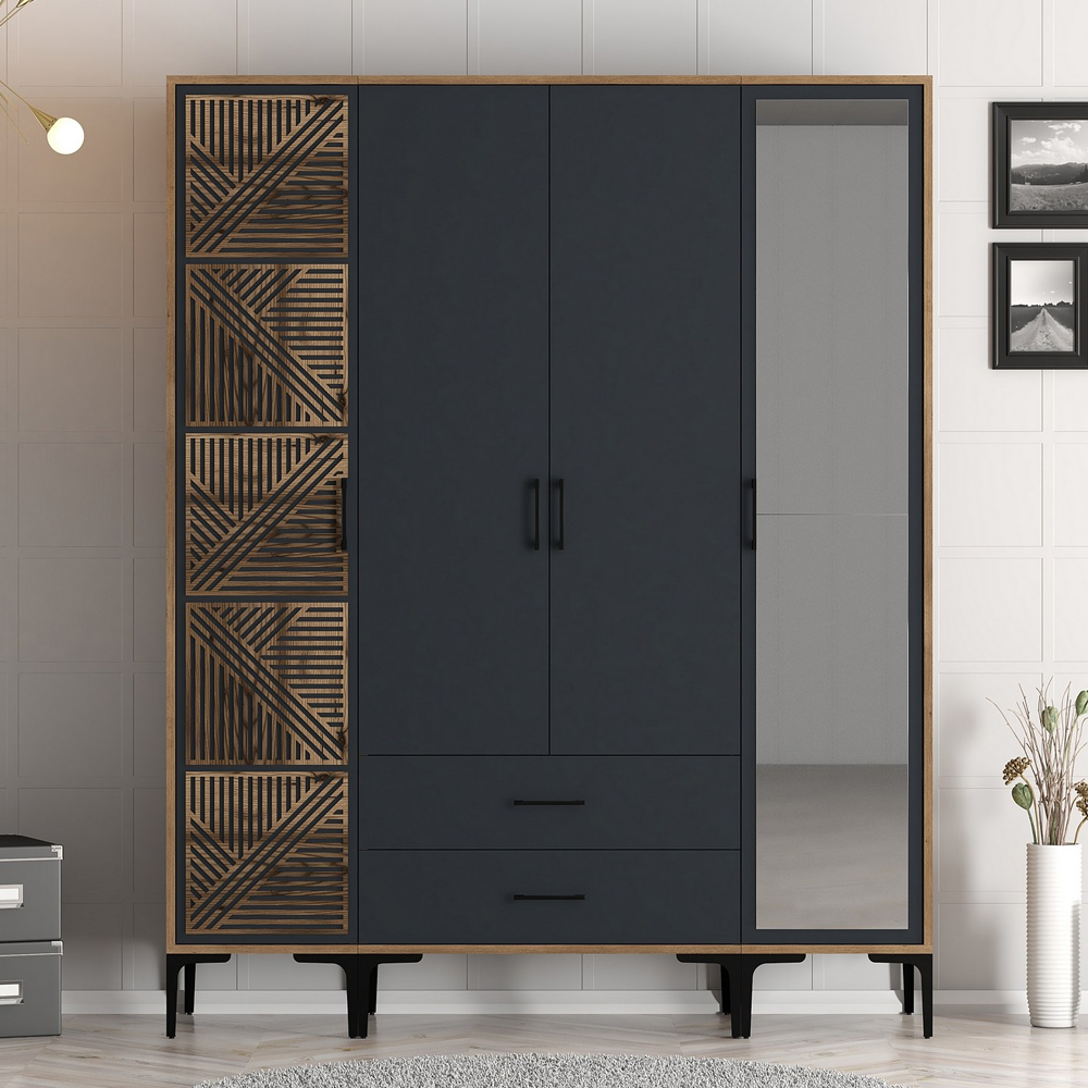 Kumsal Wooden Mirror Wardrobe with 4 Doors 2 Drawers in Anthracite and Walnut