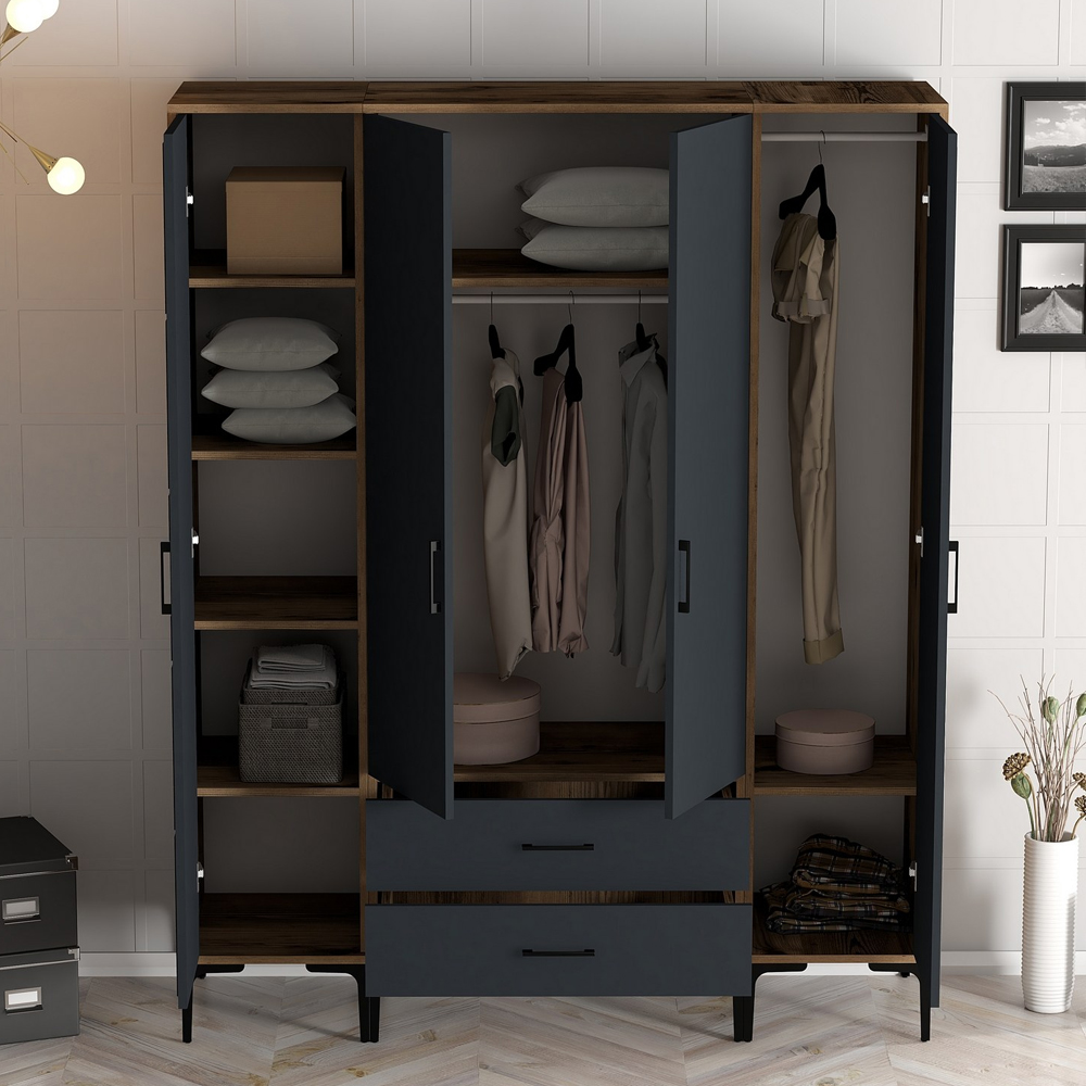 Kumsal Wooden Mirror Wardrobe with 4 Doors 2 Drawers in Anthracite and Walnut