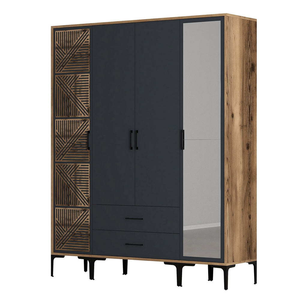 Kumsal Wooden Mirror Wardrobe with 4 Doors 2 Drawers in Anthracite and Walnut