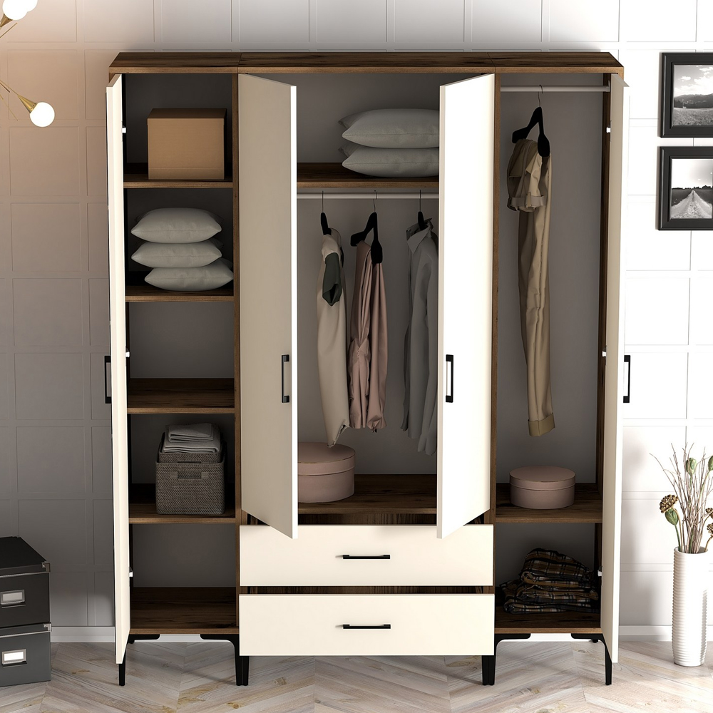 Kumsal Wooden Mirror Wardrobe with 4 Doors 2 Drawers in Cream and Walnut