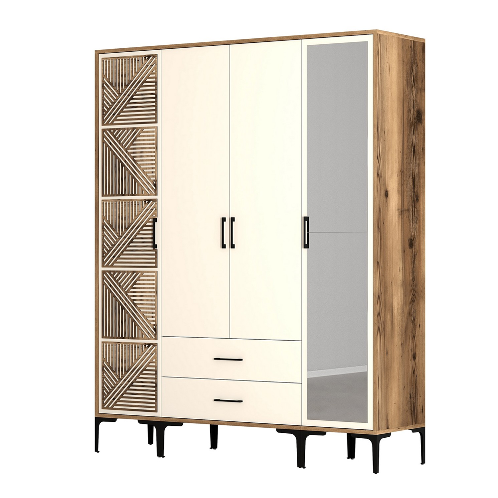 Kumsal Wooden Mirror Wardrobe with 4 Doors 2 Drawers in Cream and Walnut