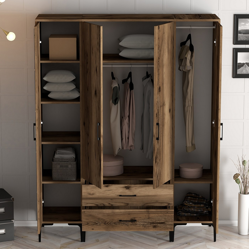 Kumsal Wooden Mirror Wardrobe with 4 Doors 2 Drawers in Walnut