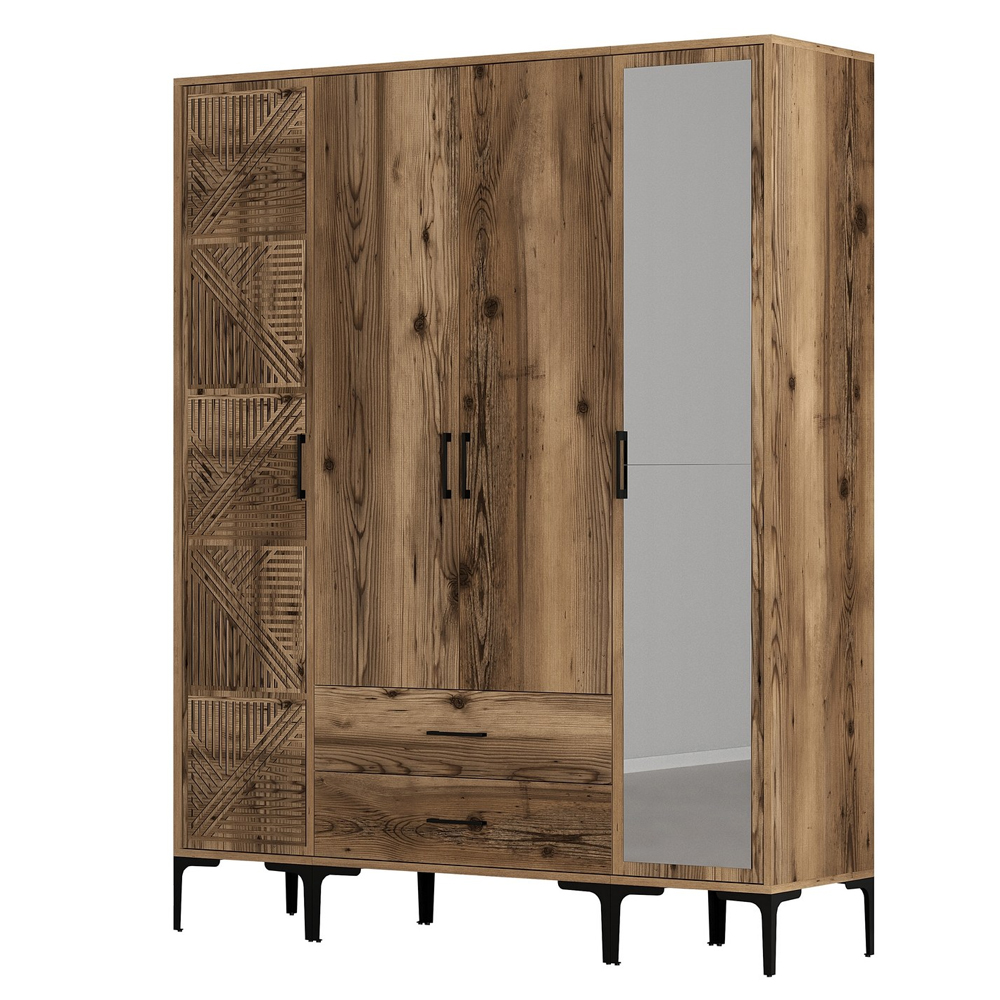 Kumsal Wooden Mirror Wardrobe with 4 Doors 2 Drawers in Walnut