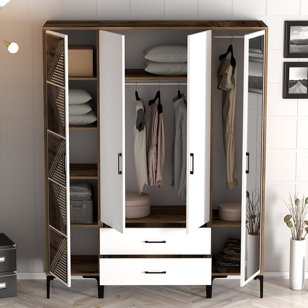 Kumsal Wooden Mirror Wardrobe with 4 Doors 2 Drawers in White and Walnut
