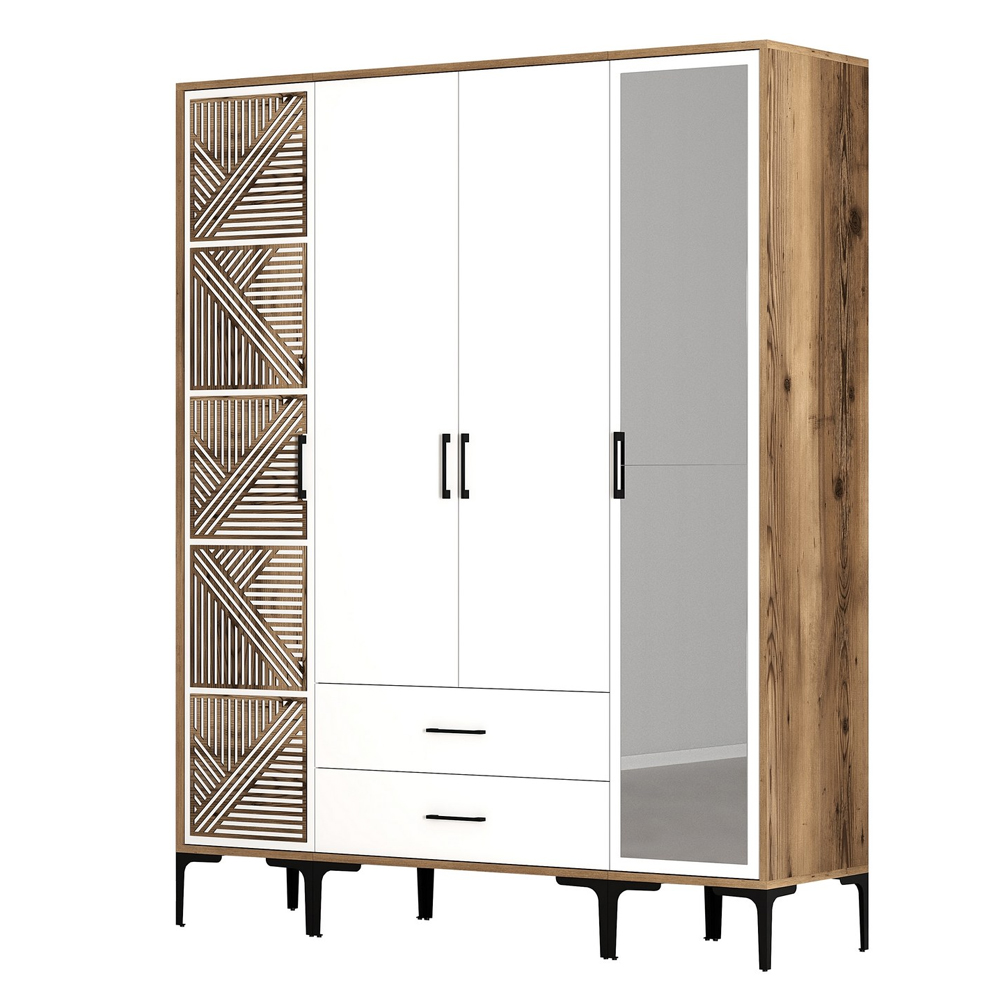 Kumsal Wooden Mirror Wardrobe with 4 Doors 2 Drawers in White and Walnut