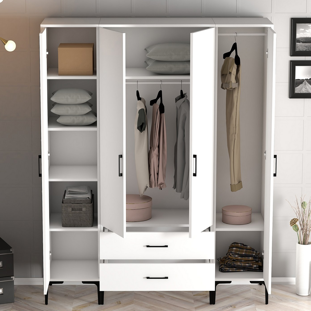 Kumsal Wooden Mirror Wardrobe with 4 Doors 2 Drawers in White