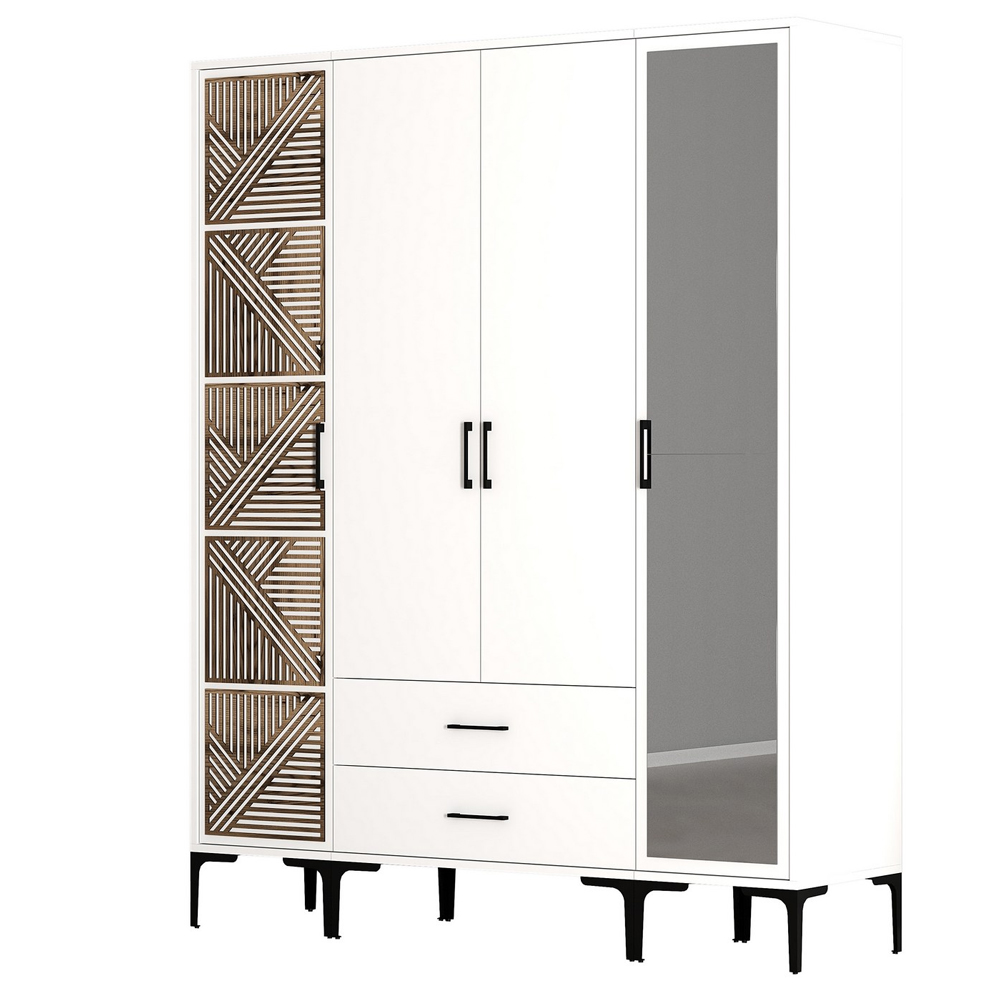 Kumsal Wooden Mirror Wardrobe with 4 Doors 2 Drawers in White