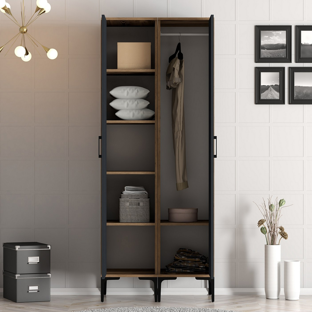 Kumsal Wooden Wardrobe with 1 Anthracite Door in Walnut