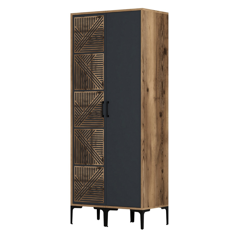Kumsal Wooden Wardrobe with 1 Anthracite Door in Walnut
