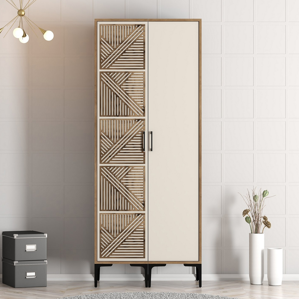 Kumsal Wooden Wardrobe with 1 Cream Door in Walnut