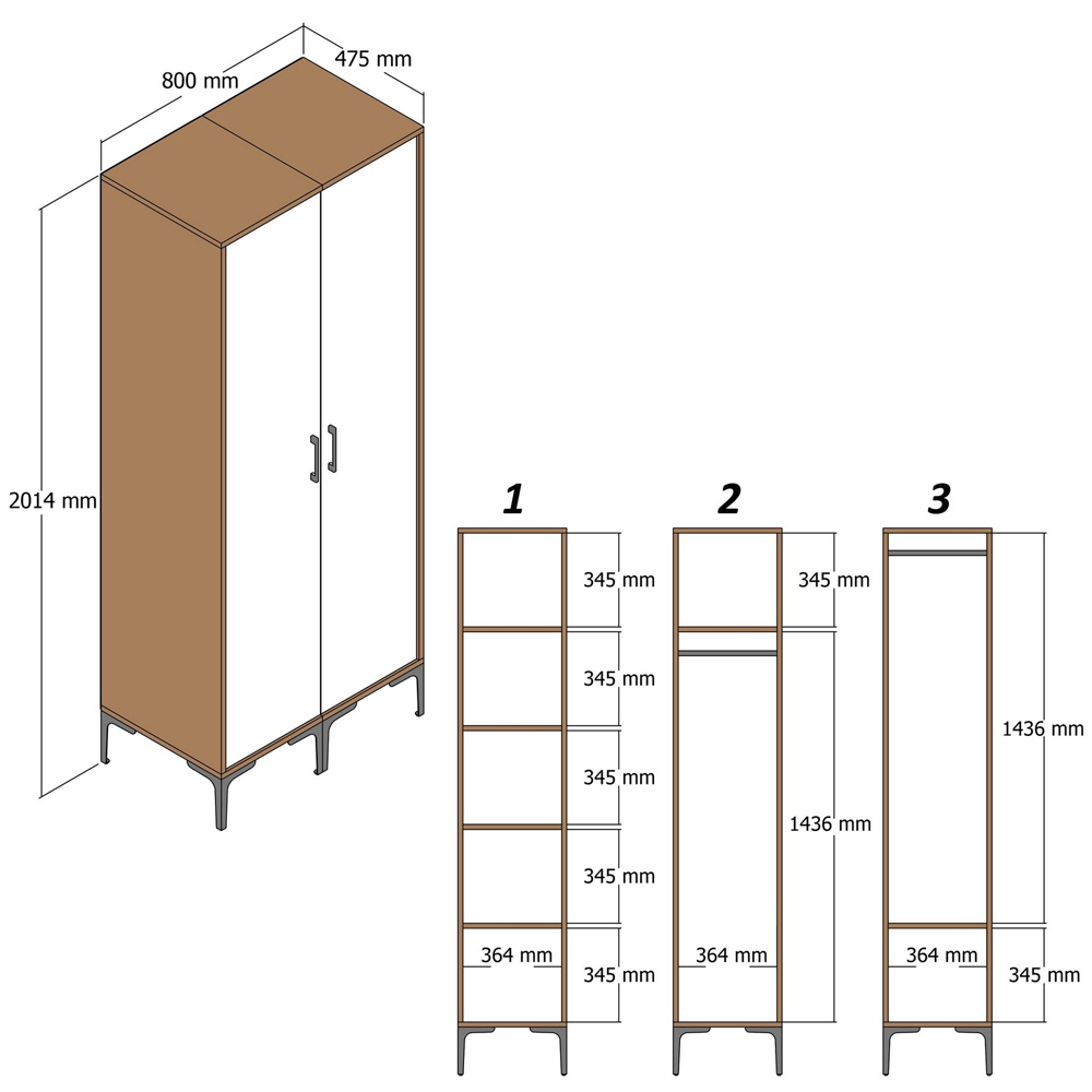 Kumsal Wooden Wardrobe with 1 Cream Door in Walnut