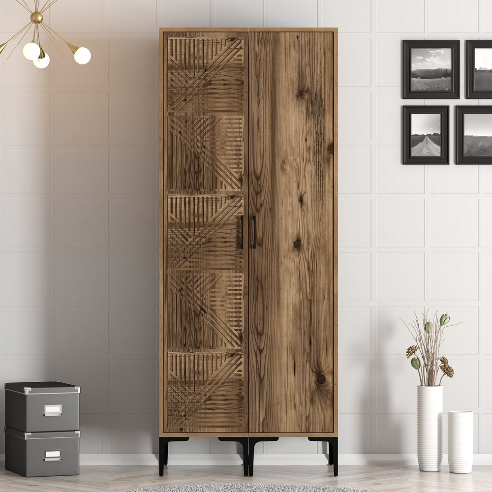 Kumsal Wooden Wardrobe with 1 Geometric Slatted Door in Walnut
