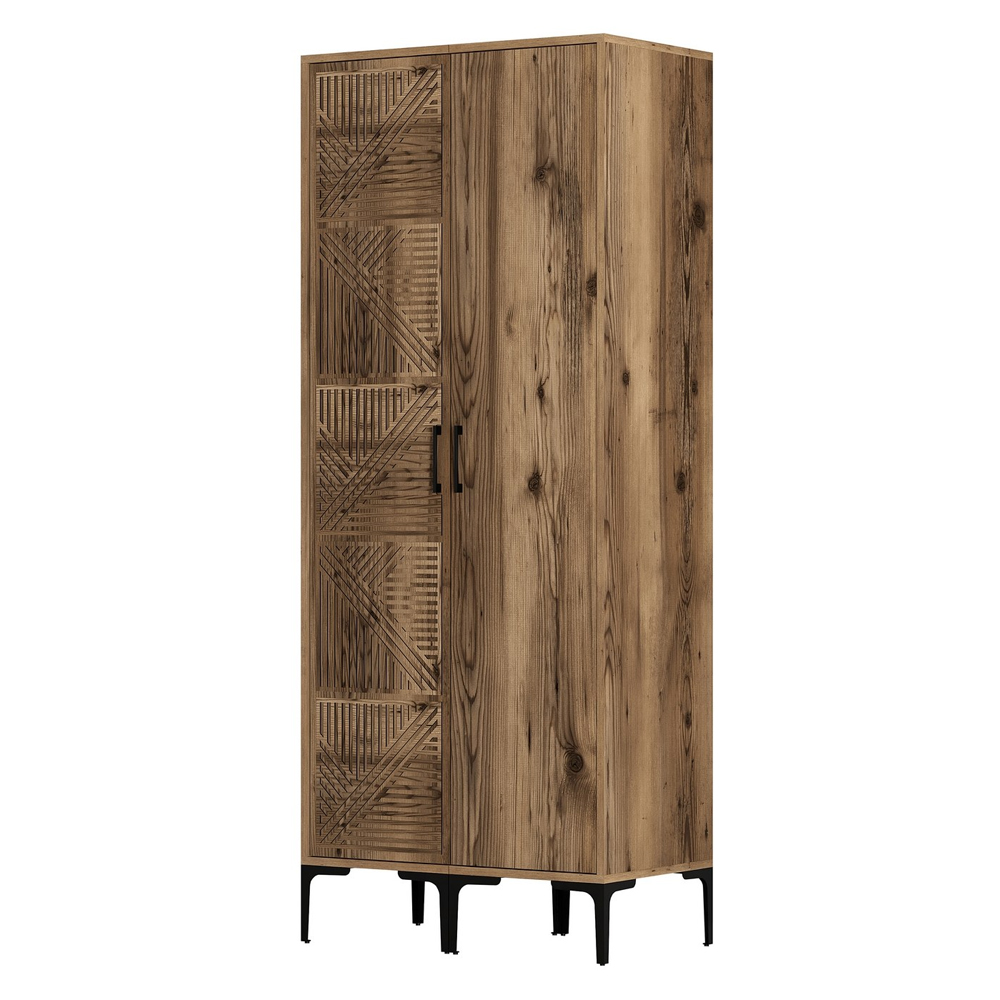 Kumsal Wooden Wardrobe with 1 Geometric Slatted Door in Walnut