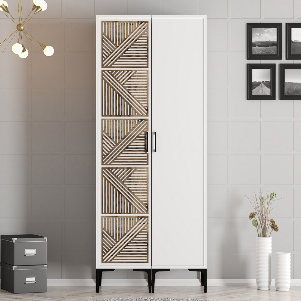Kumsal Wooden Wardrobe with 1 Geometric Slatted Door in White
