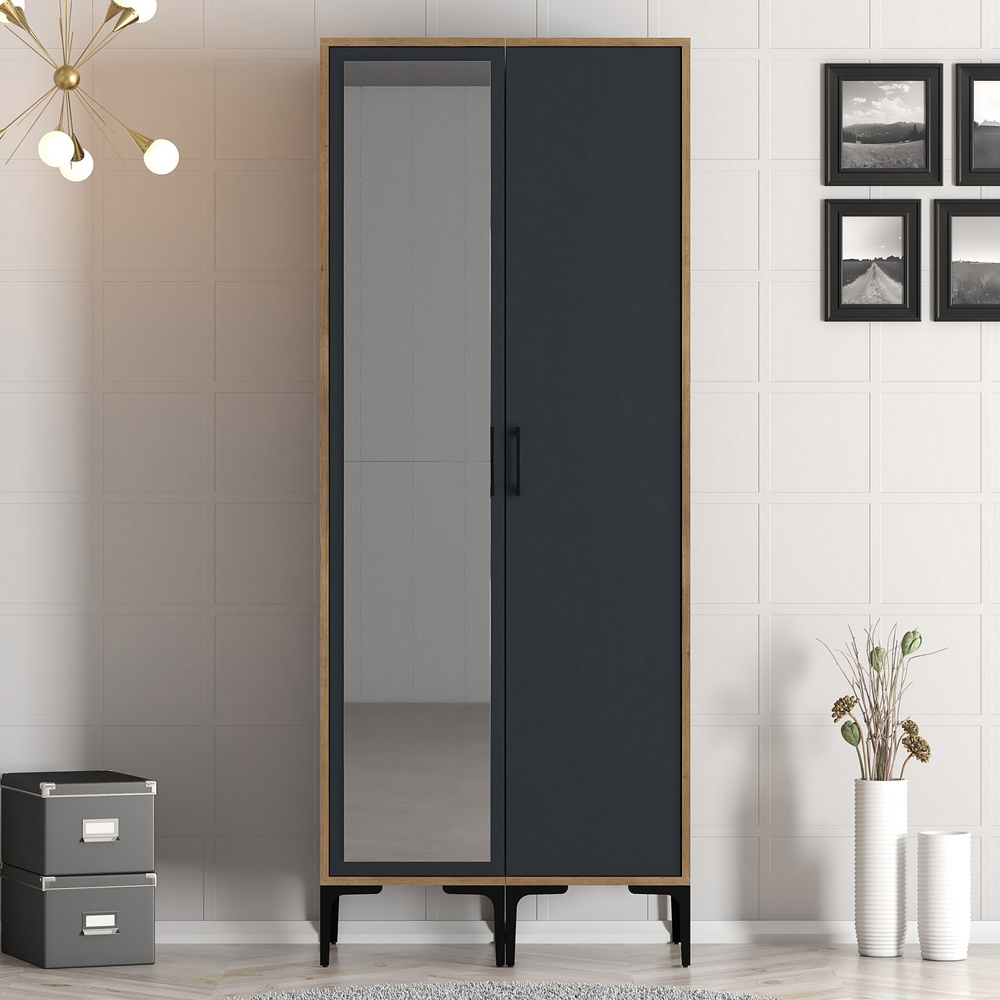 Kumsal Wooden Wardrobe with 1 Left Mirror Door in Anthracite and Walnut