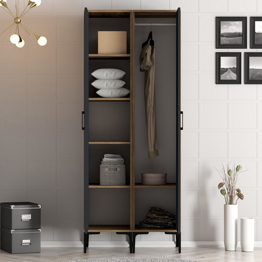 Kumsal Wooden Wardrobe with 1 Left Mirror Door in Anthracite and Walnut