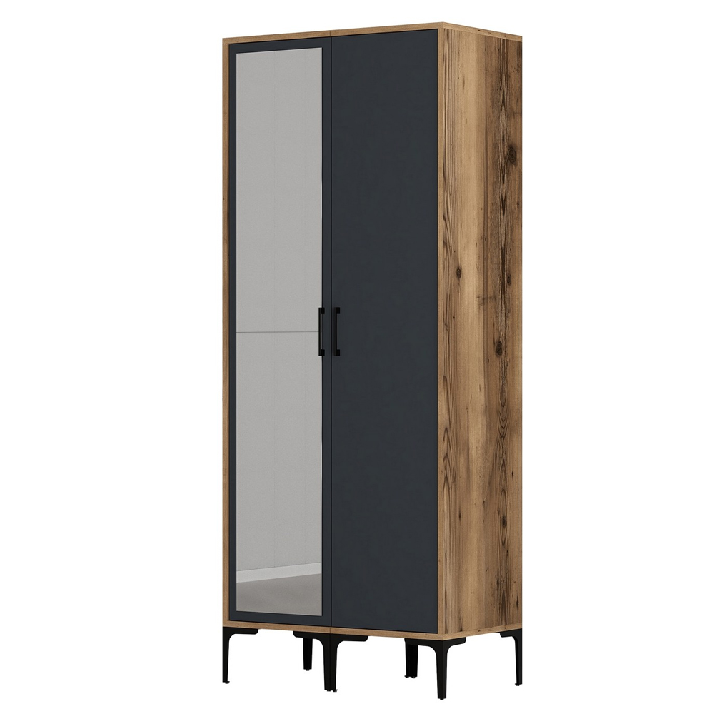 Kumsal Wooden Wardrobe with 1 Left Mirror Door in Anthracite and Walnut