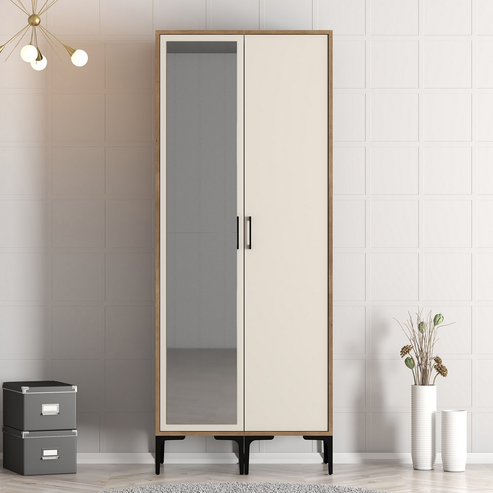 Kumsal Wooden Wardrobe with 1 Left Mirror Door in Cream and Walnut
