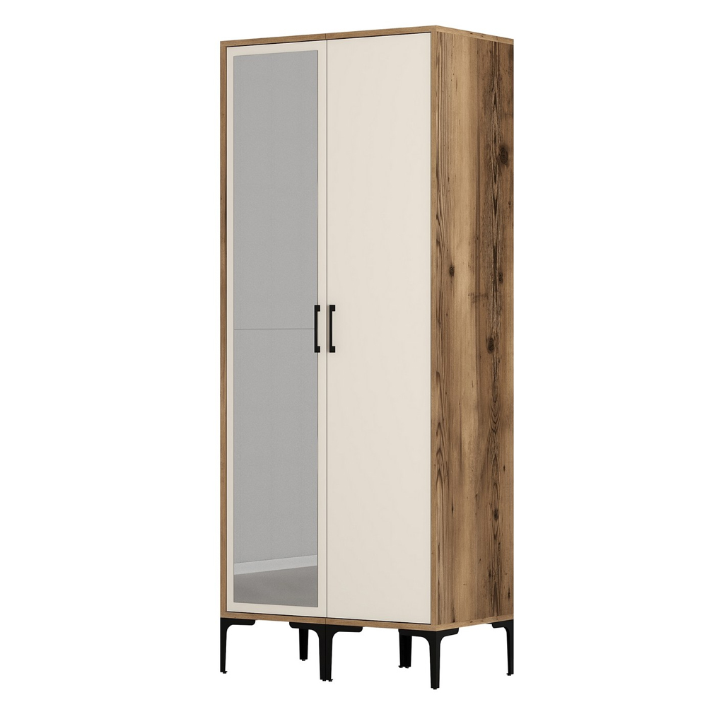 Kumsal Wooden Wardrobe with 1 Left Mirror Door in Cream and Walnut