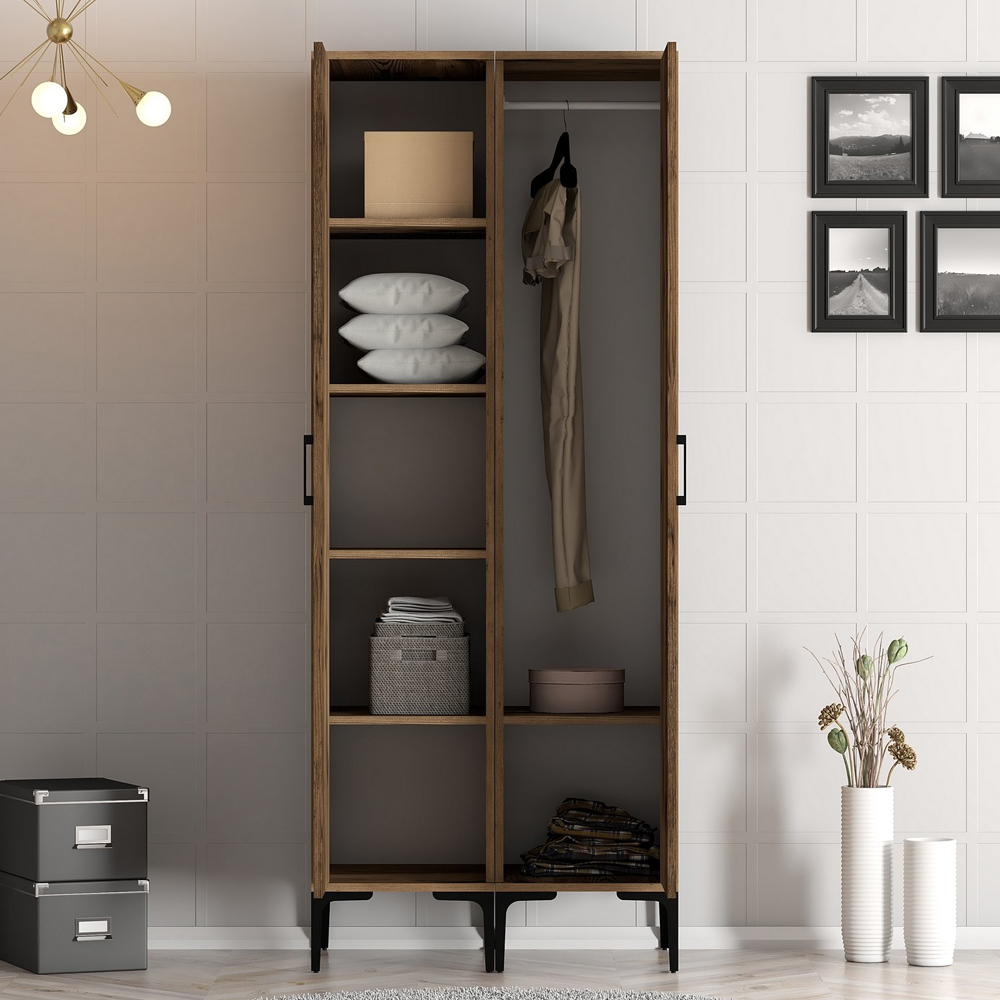 Kumsal Wooden Wardrobe with 1 Left Mirror Door in Walnut
