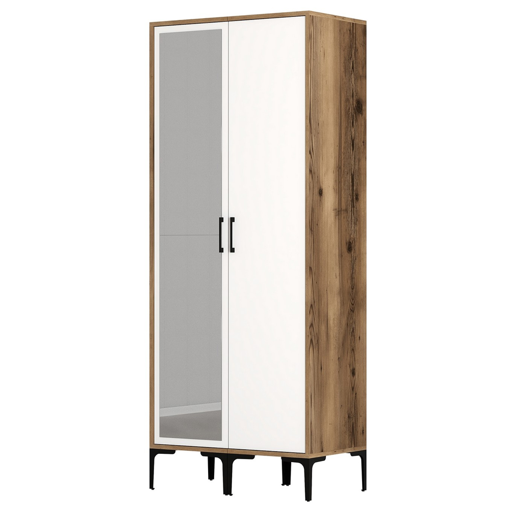 Kumsal Wooden Wardrobe with 1 Left Mirror Door in White and Walnut