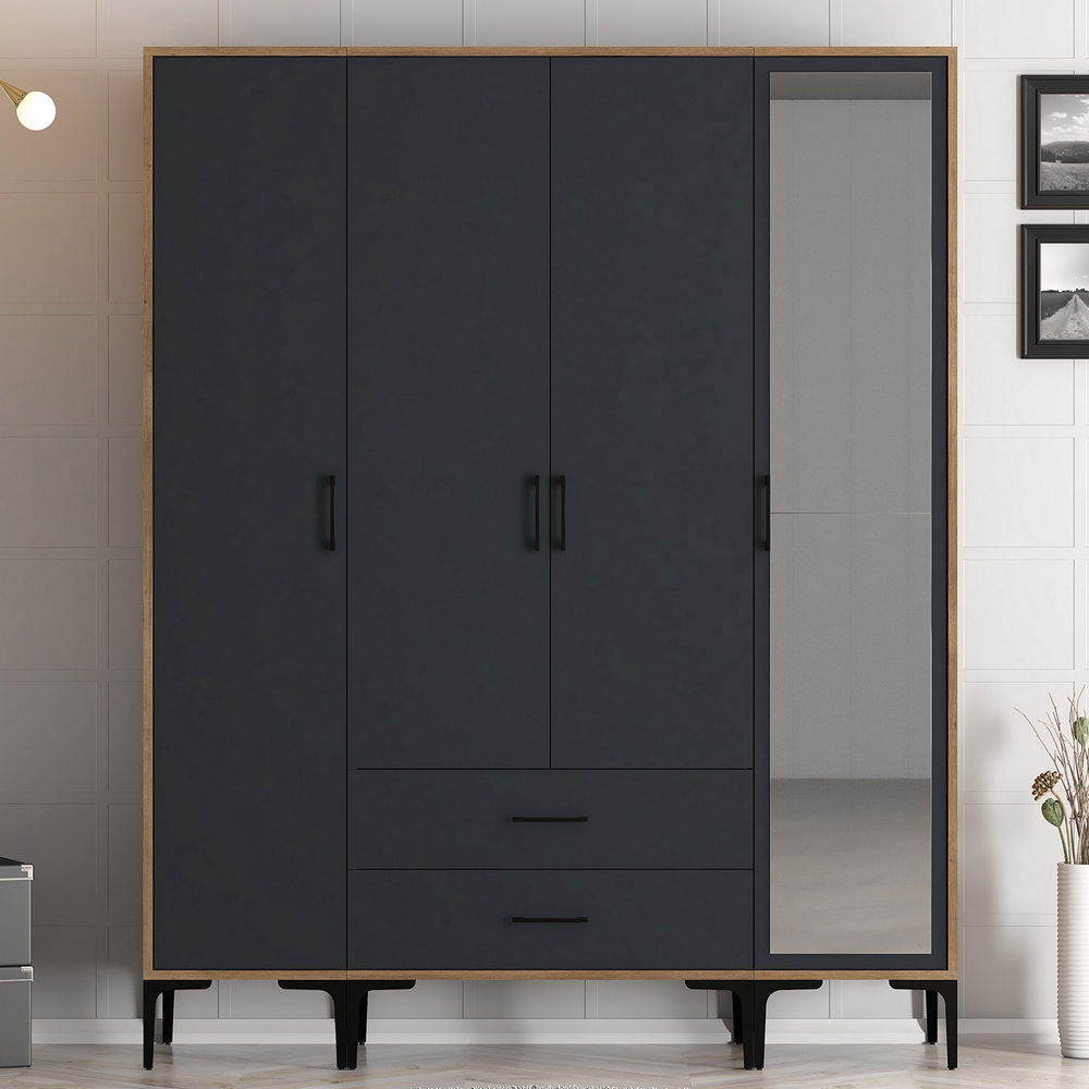 Kumsal Wooden Wardrobe with 1 Mirror Door 2 Drawers in Anthracite and Walnut