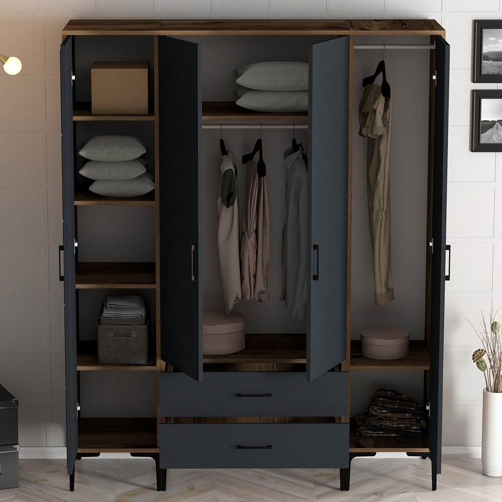 Kumsal Wooden Wardrobe with 1 Mirror Door 2 Drawers in Anthracite and Walnut