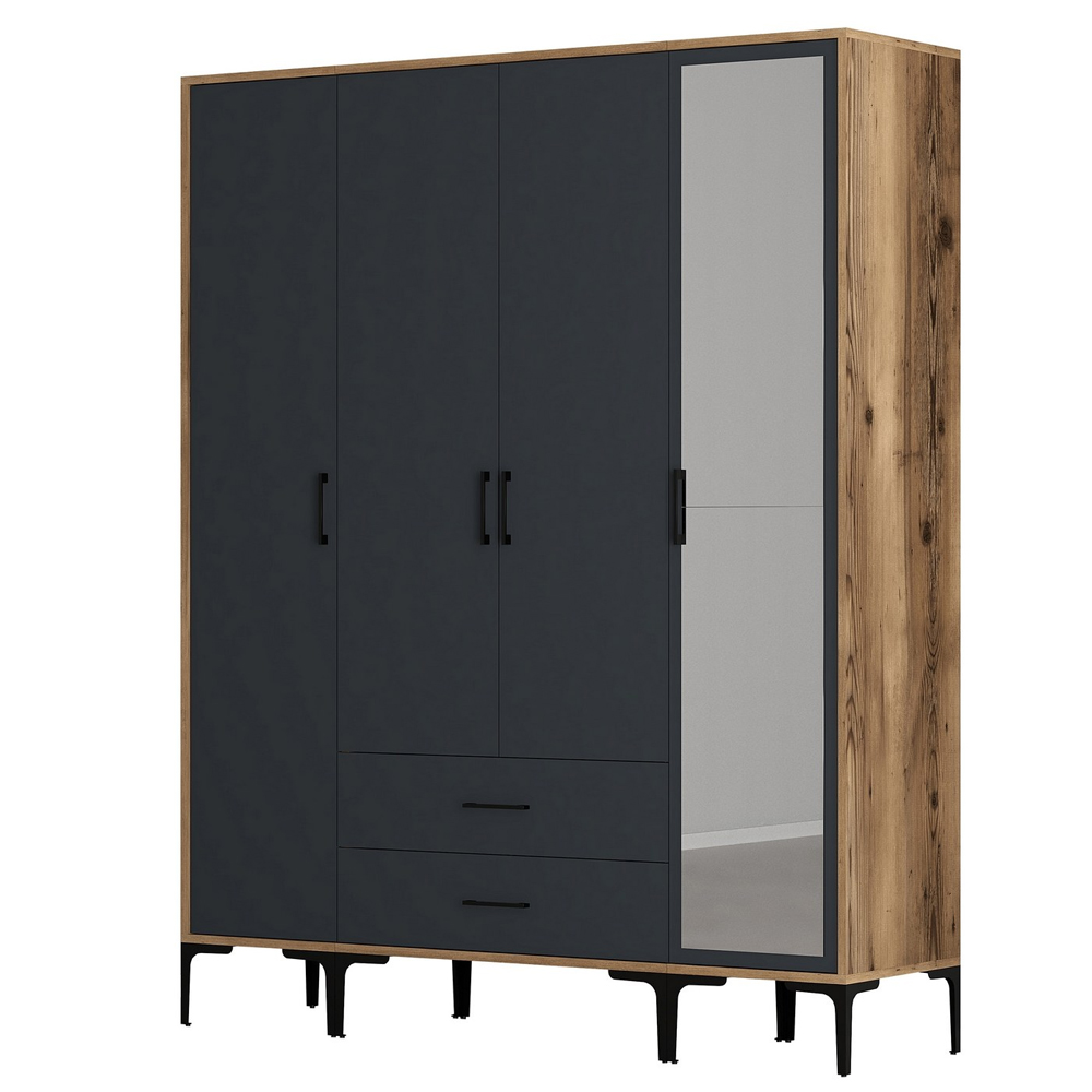 Kumsal Wooden Wardrobe with 1 Mirror Door 2 Drawers in Anthracite and Walnut