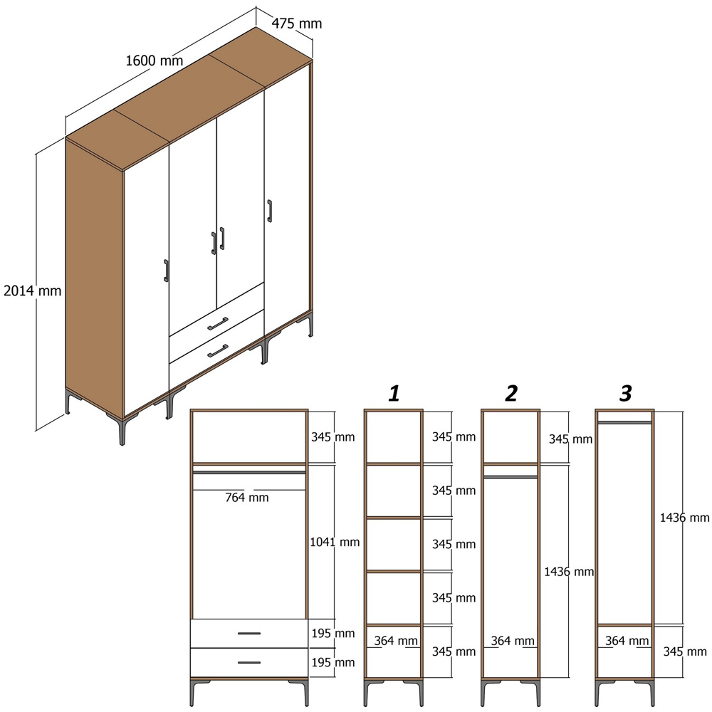 Kumsal Wooden Wardrobe with 1 Mirror Door 2 Drawers in Anthracite and Walnut