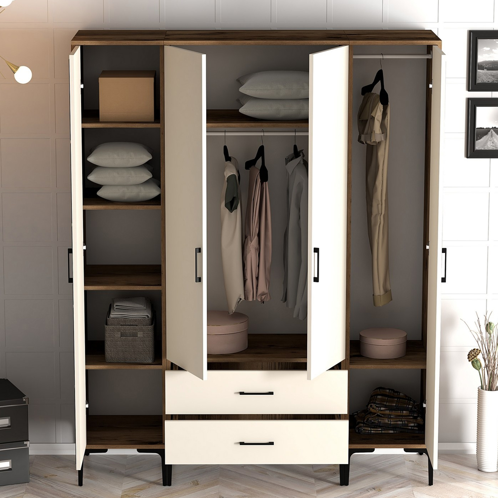 Kumsal Wooden Wardrobe with 1 Mirror Door 2 Drawers in Cream and Walnut